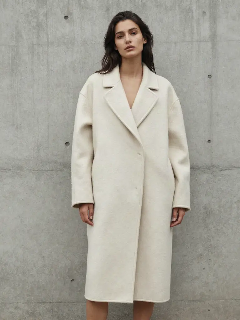 Model in an oversized cream wool coat against a concrete wall