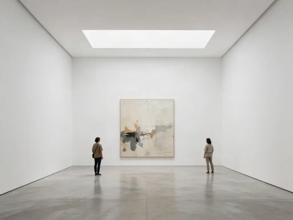 Two visitors in a white gallery looking at a large abstract canvas