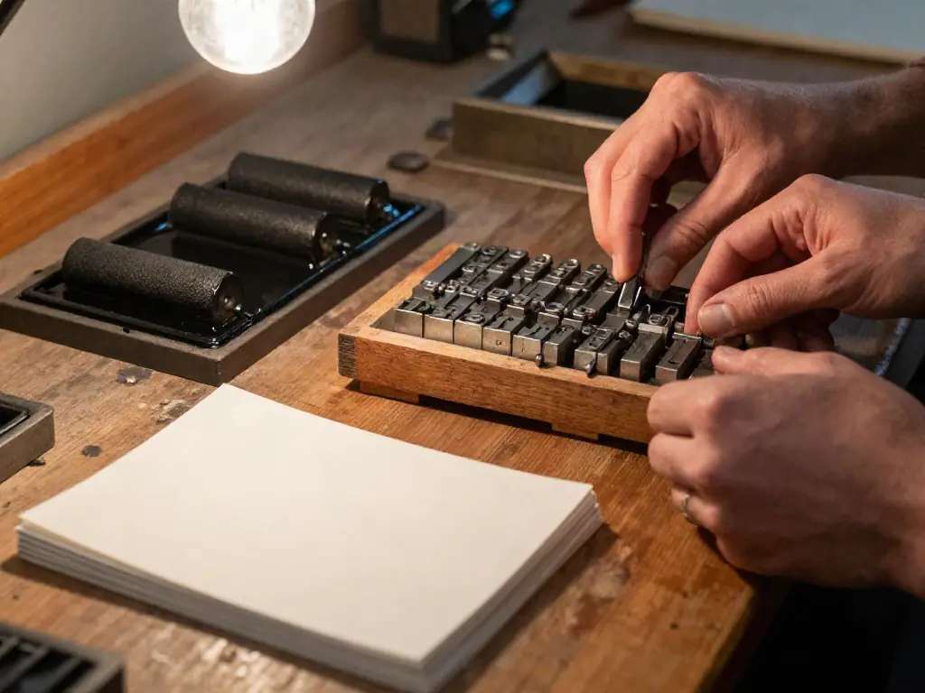 Hands setting metal type at a letterpress bench