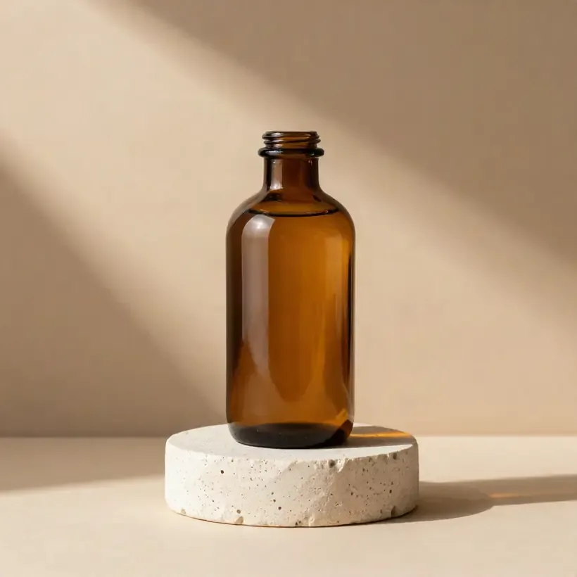 Ravfarvet flaskevase i glas på en pudset sokkel