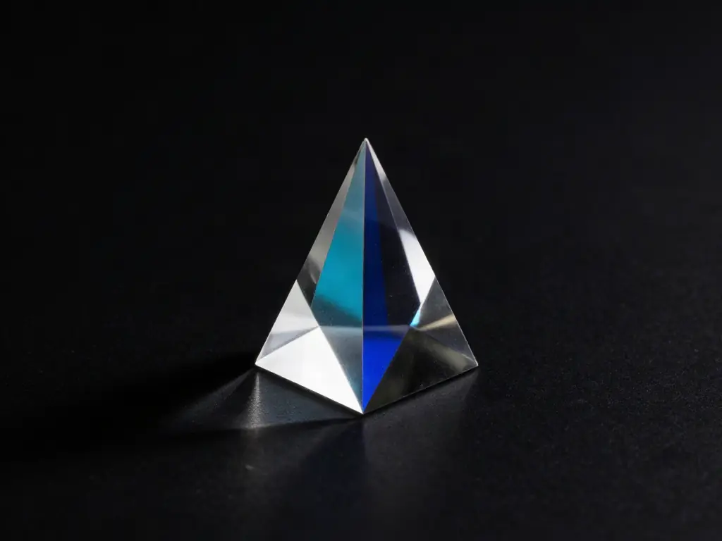 A glass prism on a black surface splitting a beam of light into blue and cyan