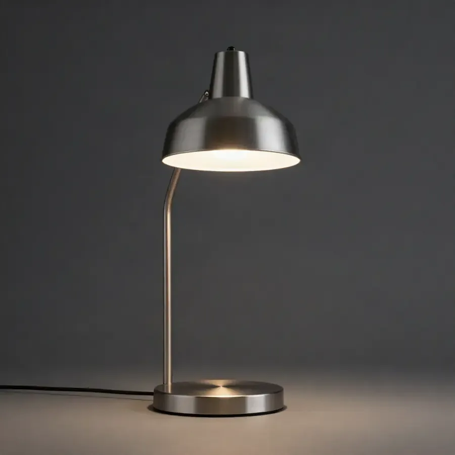 Børstet aluminiumsbordlampe fotograferet på mørk studiebaggrund
