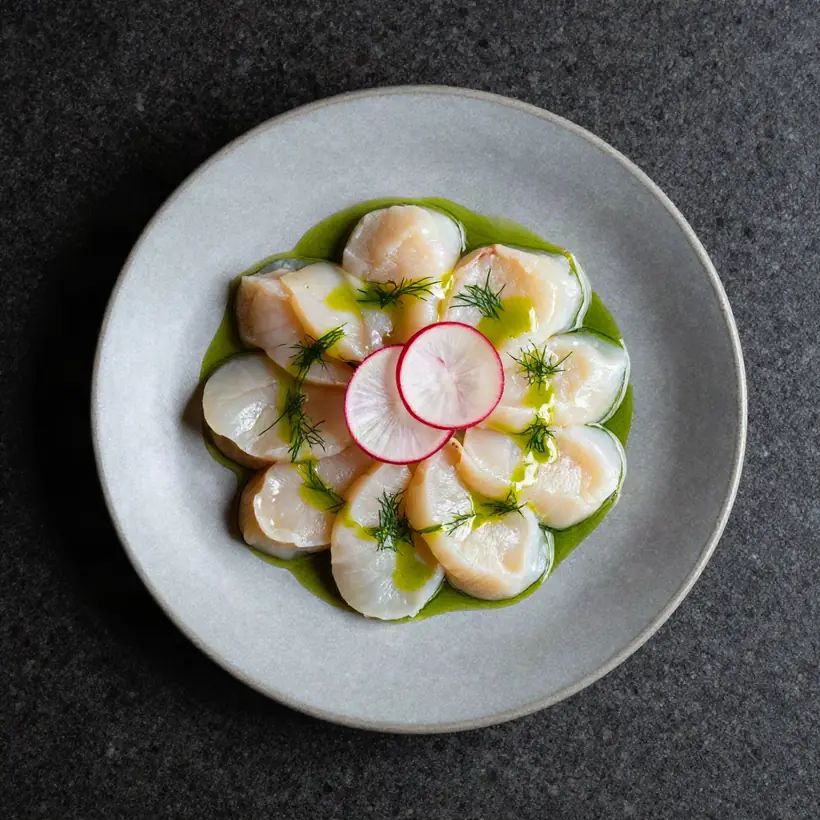 Scallop crudo with dill oil and radish on a grey ceramic plate