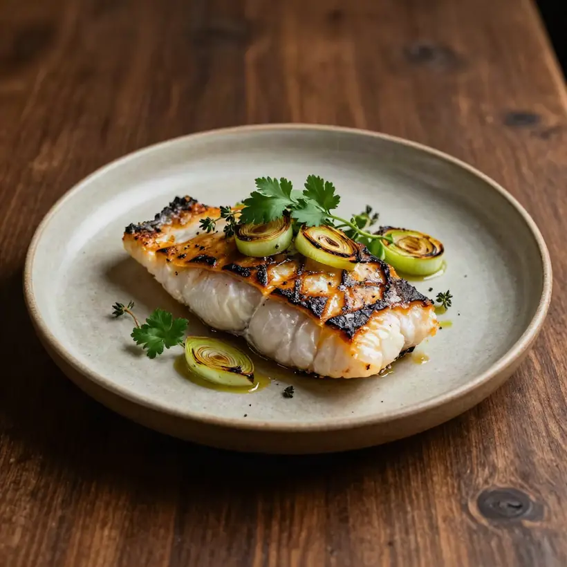 Grilled cod with charred leek and herbs on a ceramic plate