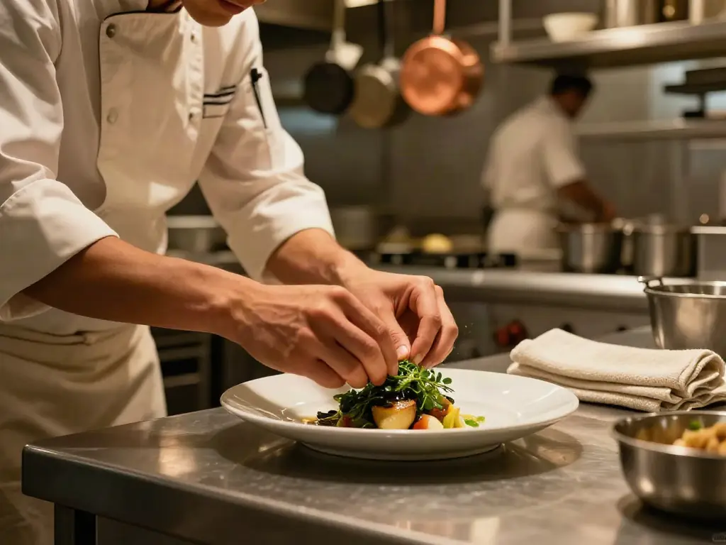 A cook finishing a plate at the pass in the open kitchen