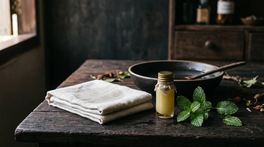 Folded linen, a bottle of herbal oil and fresh mint on a dark table