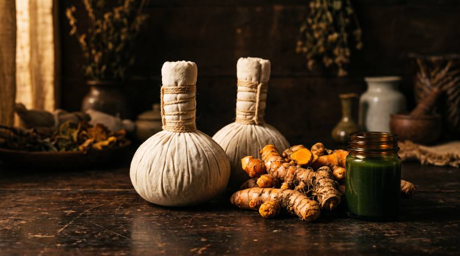 Herbal compress balls, fresh turmeric and a jar of green balm on a wooden counter