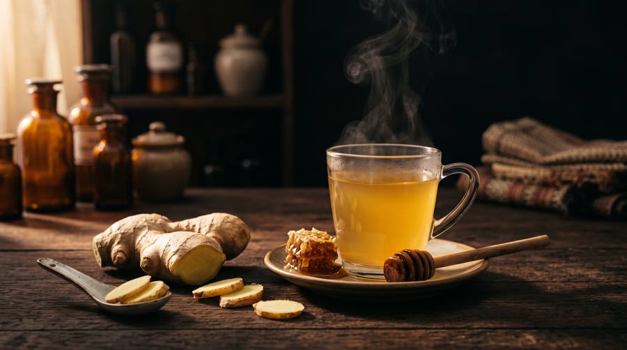 Glass of ginger tea with honey and fresh ginger