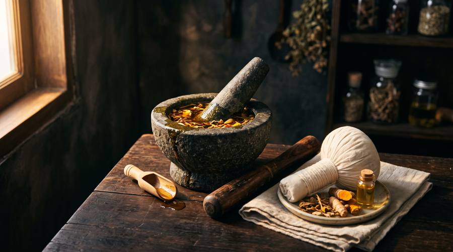 Stone mortar with dried herbs and a linen compress