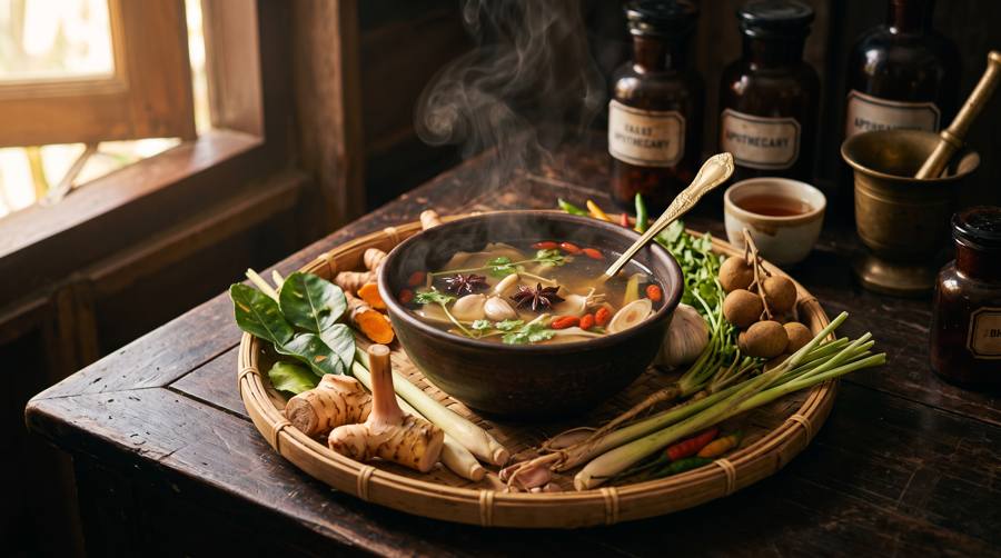 Bowl of herbal soup with galangal and lemongrass