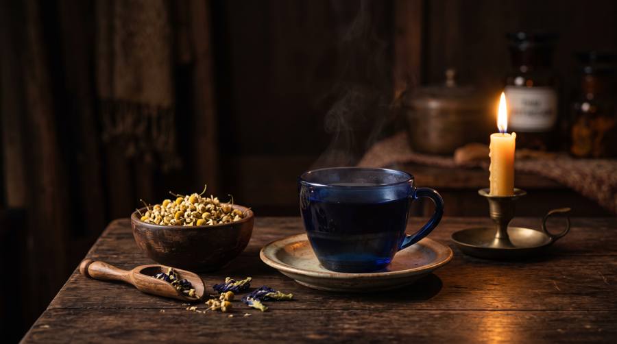 Cup of tea beside a candle and a bowl of dried flowers
